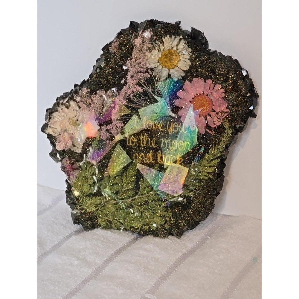 Handmade Resin Crystal Edge Trinket Holder Holographic Black Saying 787